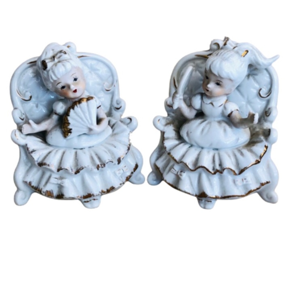 Rare Set of 2 Vintage 1950’s Vanity Girls Figurines Ceramic Shabby Cottage